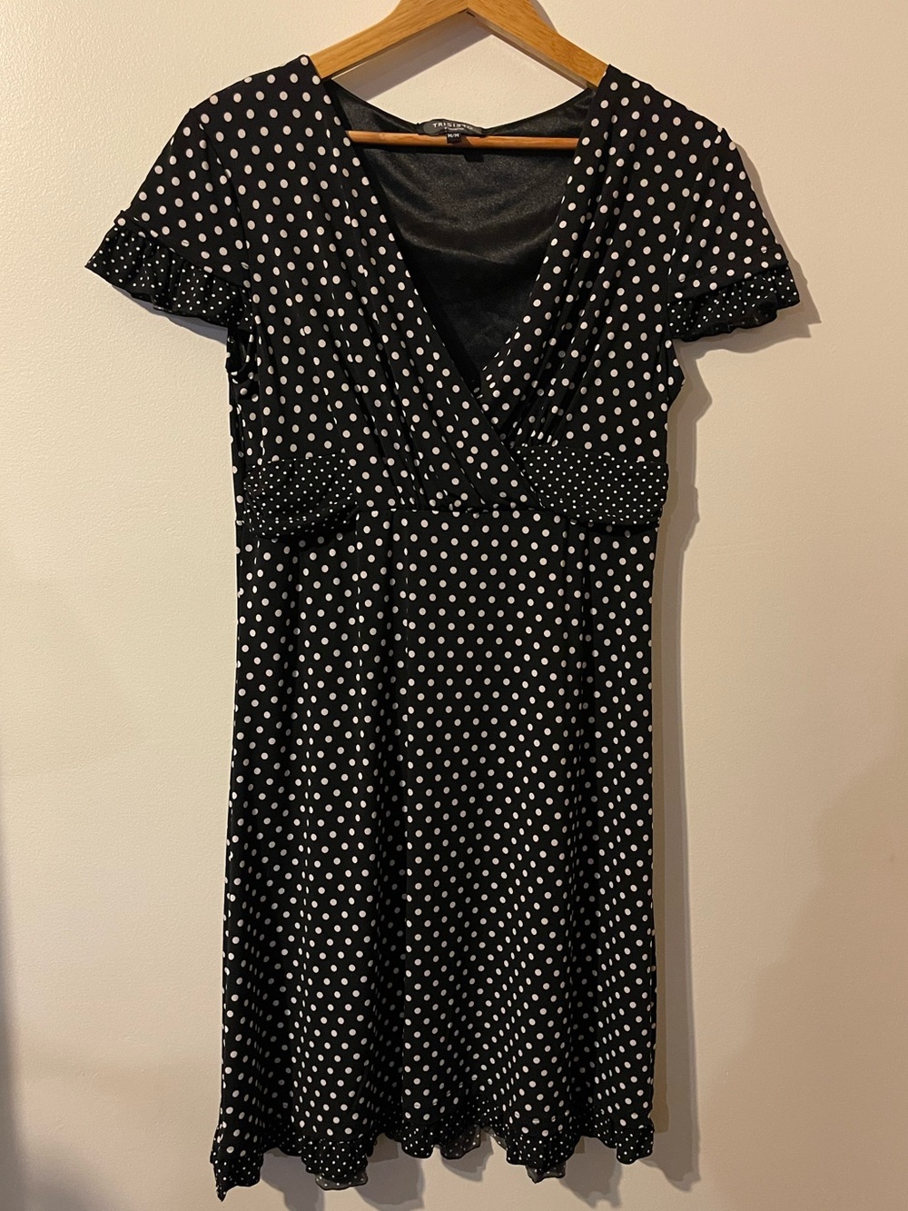 Trisisto Polka Dot V-Neck Dress Short Sleeve Faux Wrap Black White Women Size M